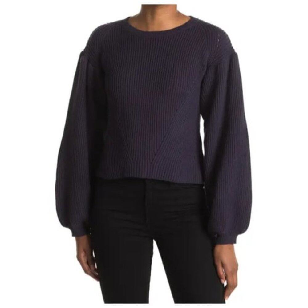 Maisie Nordstrom Navy Blue Bishop Sleeve Cropped Ribbed Sweater Medium - Picture 12 of 12
